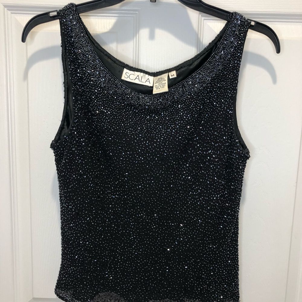 Scala 100% silk black beaded tank top size medium - Picture 3 of 12